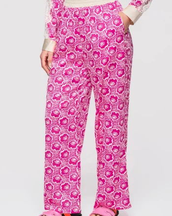 Pantaloni Lungime Completa cu Imprimeu Floral si Talie Elastica, Croiala Larga, Fucsia