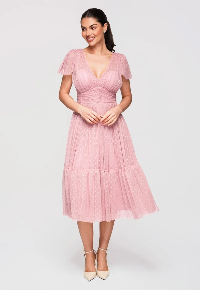 LARICA Rochie Midi Evazata, cu Decolteu in V si Tulle cu Model Delicat, Roz murdar