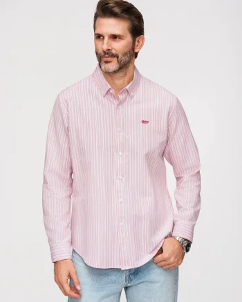 Camasa barbati, regular fit, bumbac 100%, cu guler button-down si model in dungi, Roz