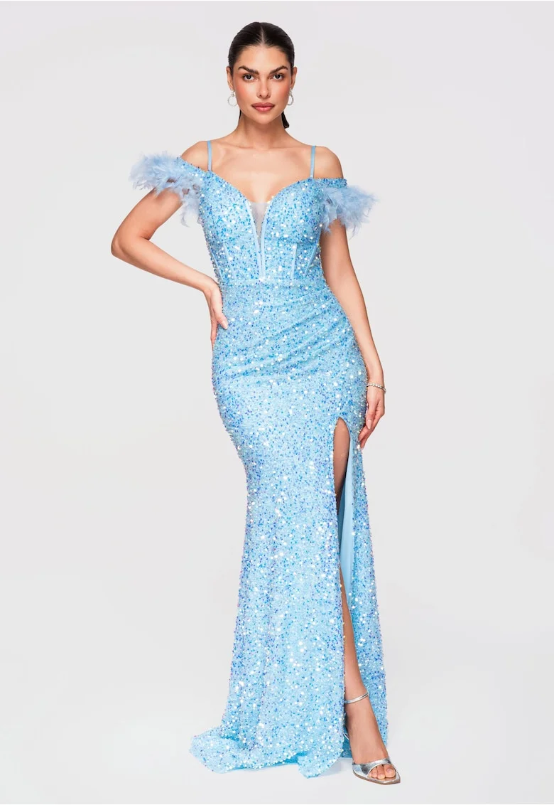 Rochie Maxi de Seara cu Paiete si Decolteu Inima, Croiala Tip Coloana, Albastru