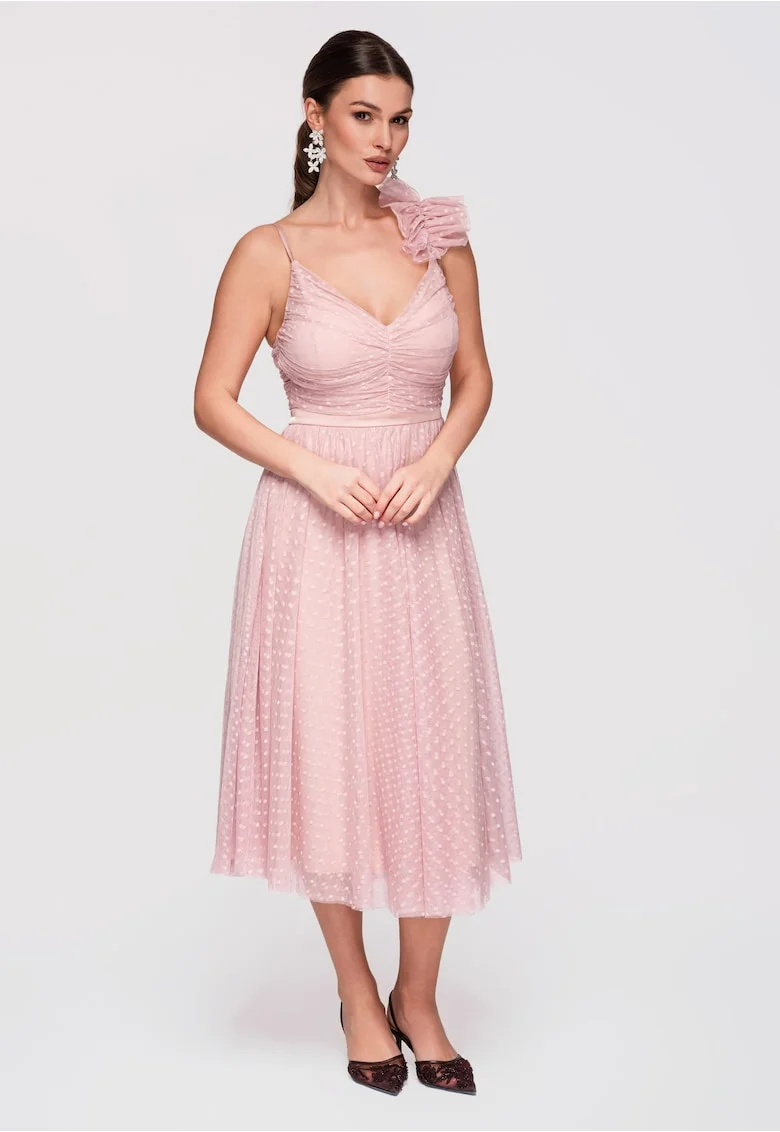 LARICA Rochie Cocktail Midi Evazata cu Aplicatie din Tulle si Decolteu in V, Nude