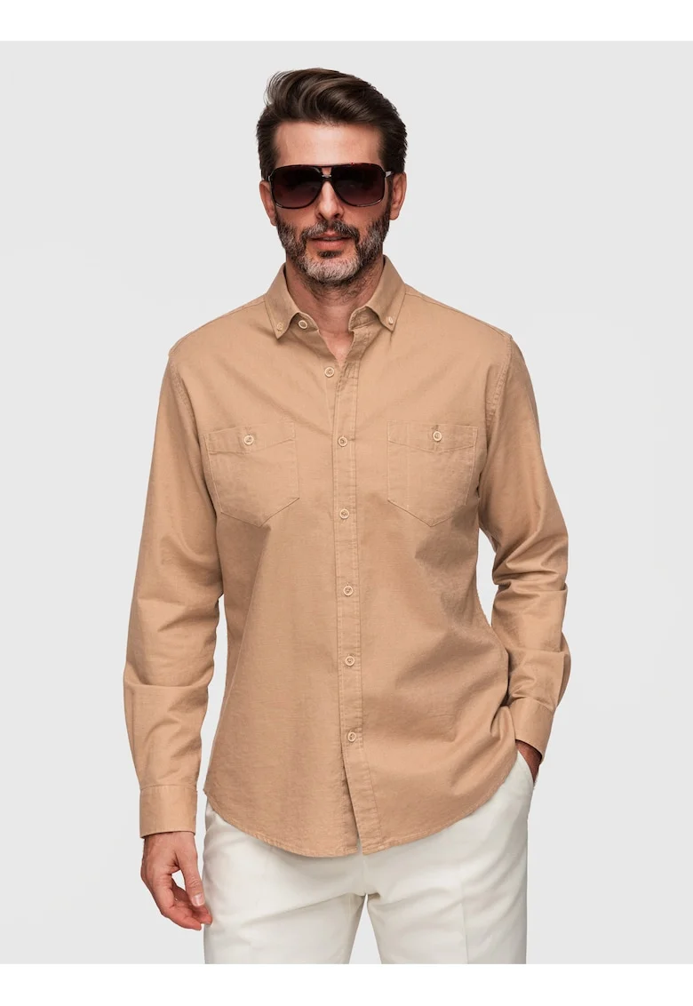 Camasa barbati bumbac-in Regular Fit Maneca Lunga cu Buzunare, Maro