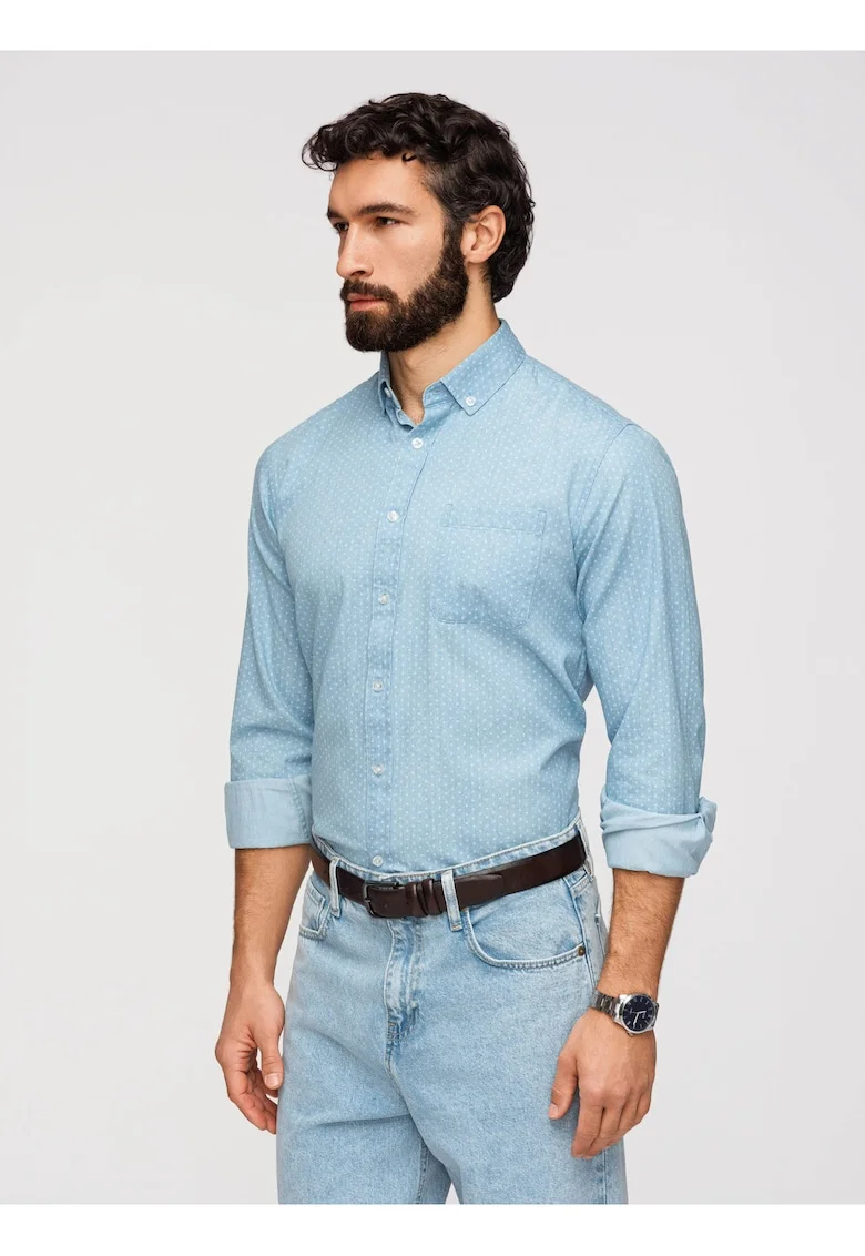 Camasa Barbati Denim Regular Fit cu Guler Button Down, Albastru deschis