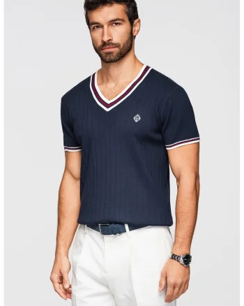 Tricou striat cu decolteu in V si detaliu cu broderie discreta, Bleumarin
