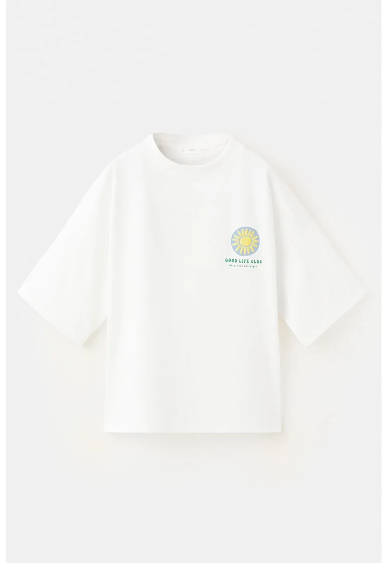 Tricou lejer din bumbac cu imprimeu contrastant pe partea din spate, Alb