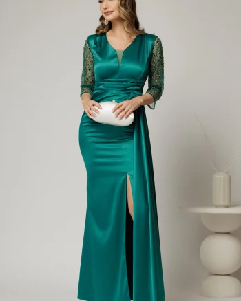 Rochie Alora lunga eleganta din tafta verde cu pietre pe maneci