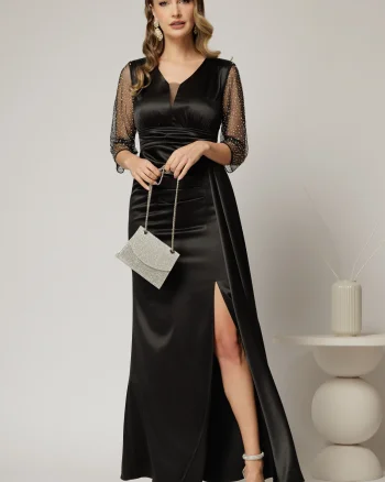Rochie Alora lunga eleganta din tafta neagra cu pietre pe maneci