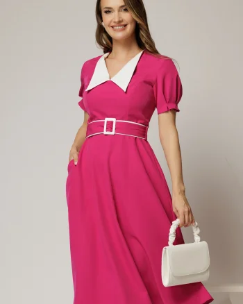 Rochie midi fucsia cu guler alb in contrast si cordon cu insertii