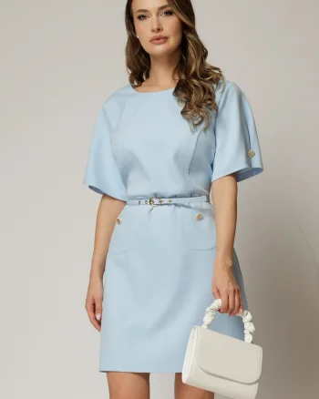 Rochie DY Fashion scurta bleu cu buzunare pe fusta si maneci scurte
