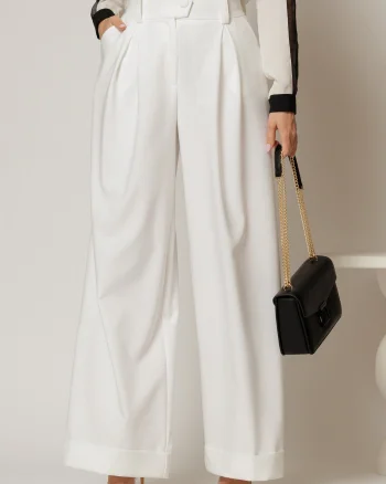 Pantaloni DY Fashion albi cu croi lejer si talie lata
