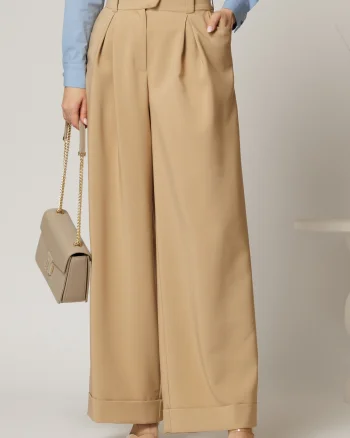Pantaloni DY Fashion bej cu croi lejer si talie lata