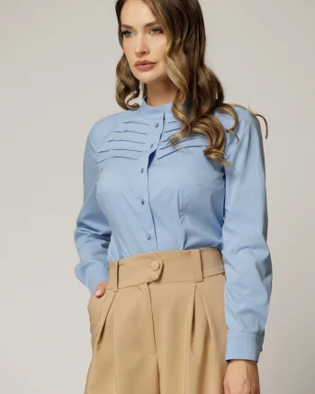 Camasa DY Fashion bleu din poplin cu croi cambrat si nervuri pe bust