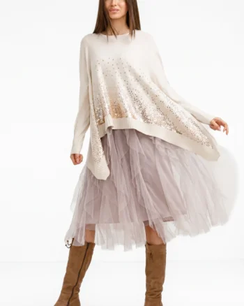 Rochie suprapusa din tulle cu volane suprapuse, cu pulover in colturi oversize cu ploaie de paiete, bej