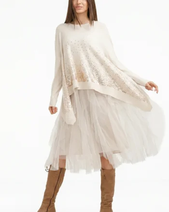 Rochie suprapusa din tulle plisat, cu pulover in colturi oversize cu ploaie de paiete, bej