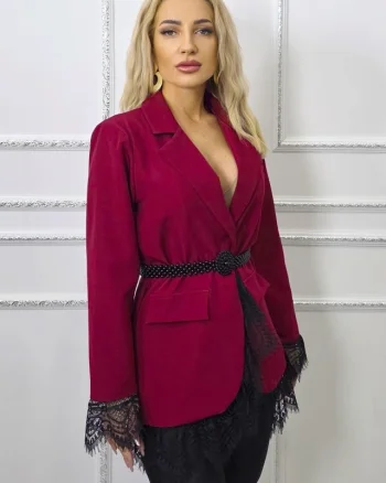 Rochie scurta sacou WALERIA, cu broderie neagra din dantela, Bordo, Marime S/M
