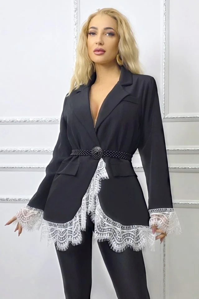 Rochie scurta sacou WALERIA, cu broderie alba din dantela, Negru, Marime S/M
