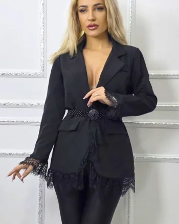 Sacou lung WALERIA, cu broderie neagra din dantela, Negru, Marime S/M
