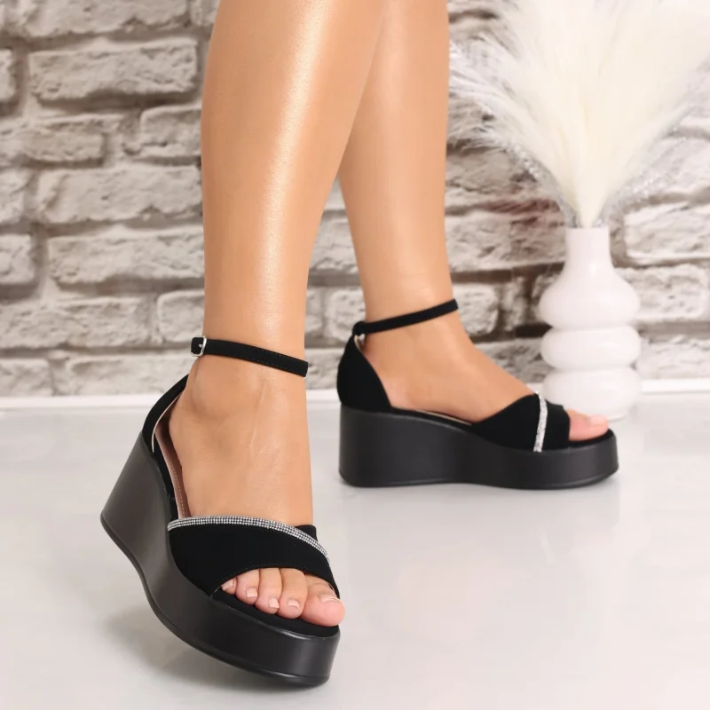 Sandale dama cu platforma Negre din Piele Ecologica Intoarsa Morva