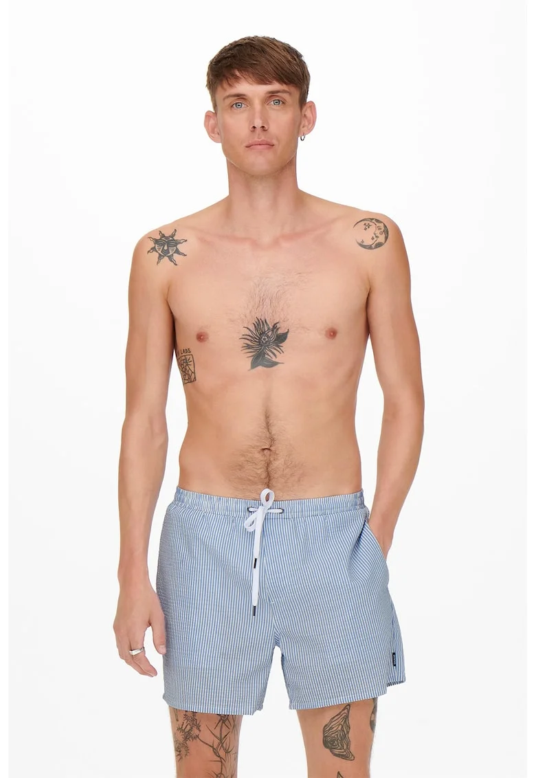 Pantaloni scurti de baie cu model in dungi, Alb/Albastru
