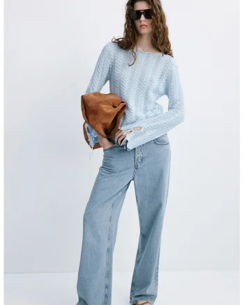 Pulover din tricot cu perforatii, Albastru pastel