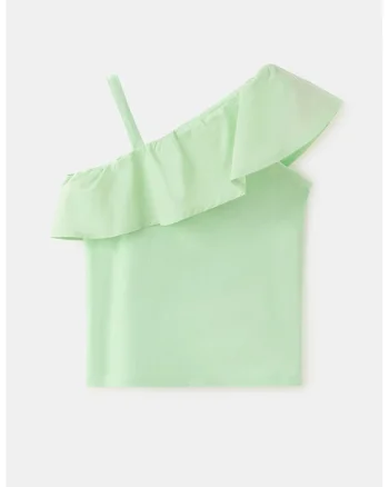Top cu decolteu pe un umar si volane, Verde pal