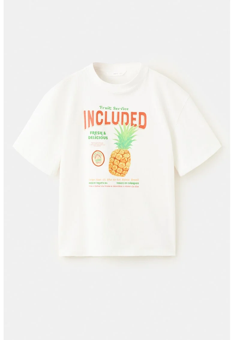 Tricou cu decolteu la baza gatului si imprimeu pe partea din fata, Alb