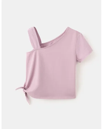 Tricou din bumbac cu detaliu cu bareta pe umar, Lila