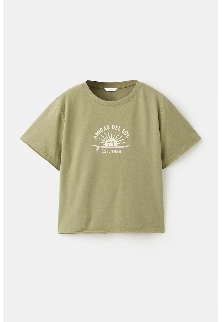 Tricou cu decolteu la baza gatului si imprimeu grafic, Kaki