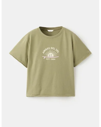 Tricou cu decolteu la baza gatului si imprimeu grafic, Kaki