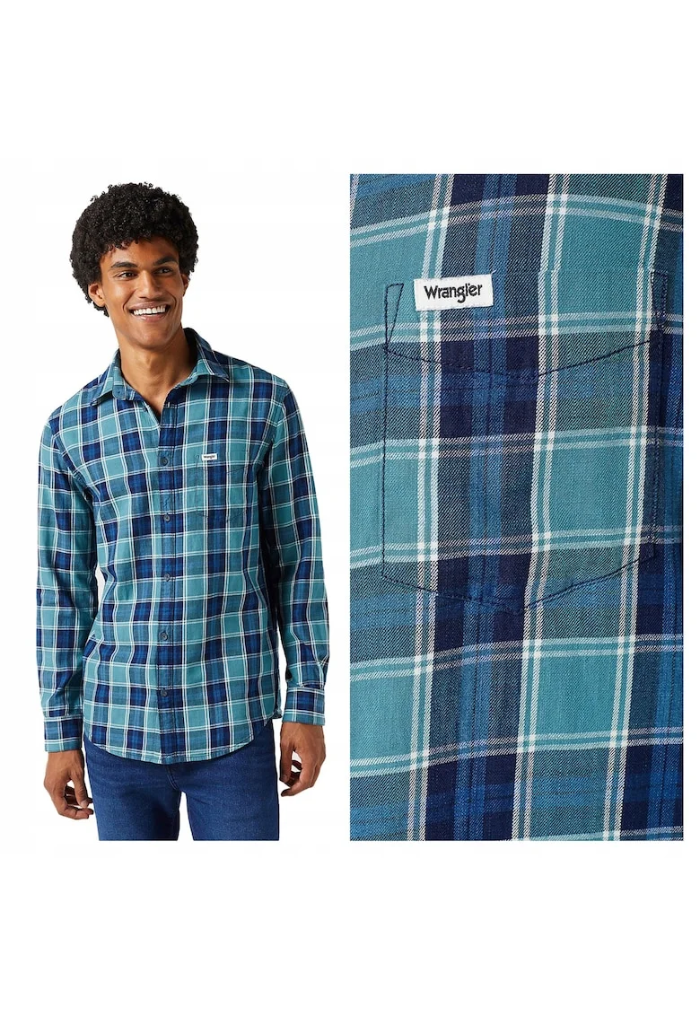 Camasa Barbati,  One Pocket Shirt, Regular Fit, Design Clasic, Maneci Lungi, Cu Guler, Cu Nasturi, Bumbac, Multicolor, Albastru