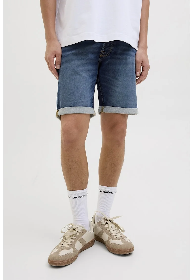 Pantaloni scurti din denim cu aspect decolorat, Albastru inchis