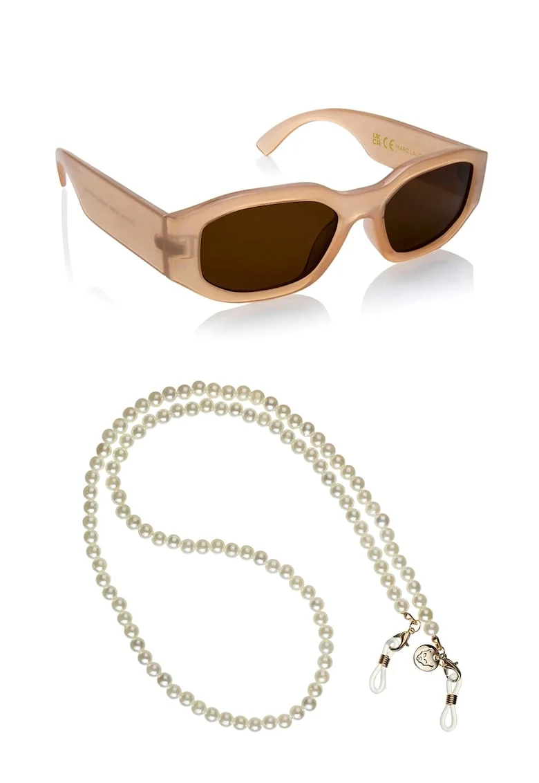 Ochelari de soare dreptunghiulari unisex cu lant, Bej