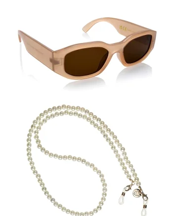 Ochelari de soare dreptunghiulari unisex cu lant, Bej