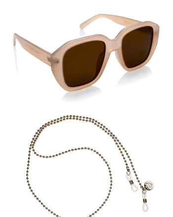 Ochelari de soare patrati unisex cu lant, Bej