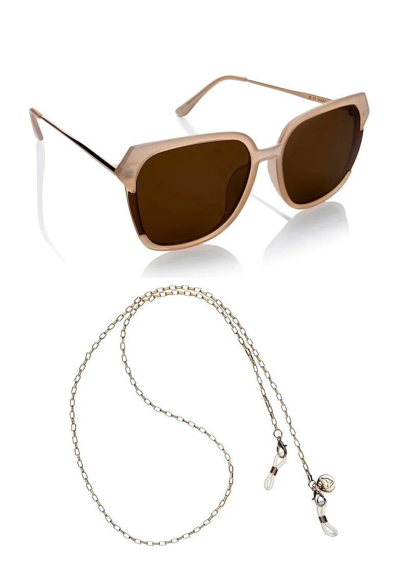 Ochelari de soare unisex cu lant Voyage, Auriu/Maro nisip