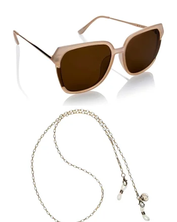 Ochelari de soare unisex cu lant Voyage, Auriu/Maro nisip