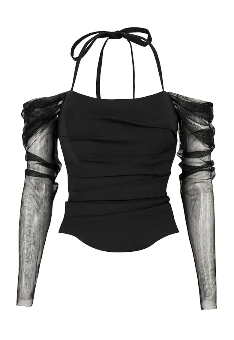 Corset din lana cu drapaj si maneci lungi din tulle de matase Stark