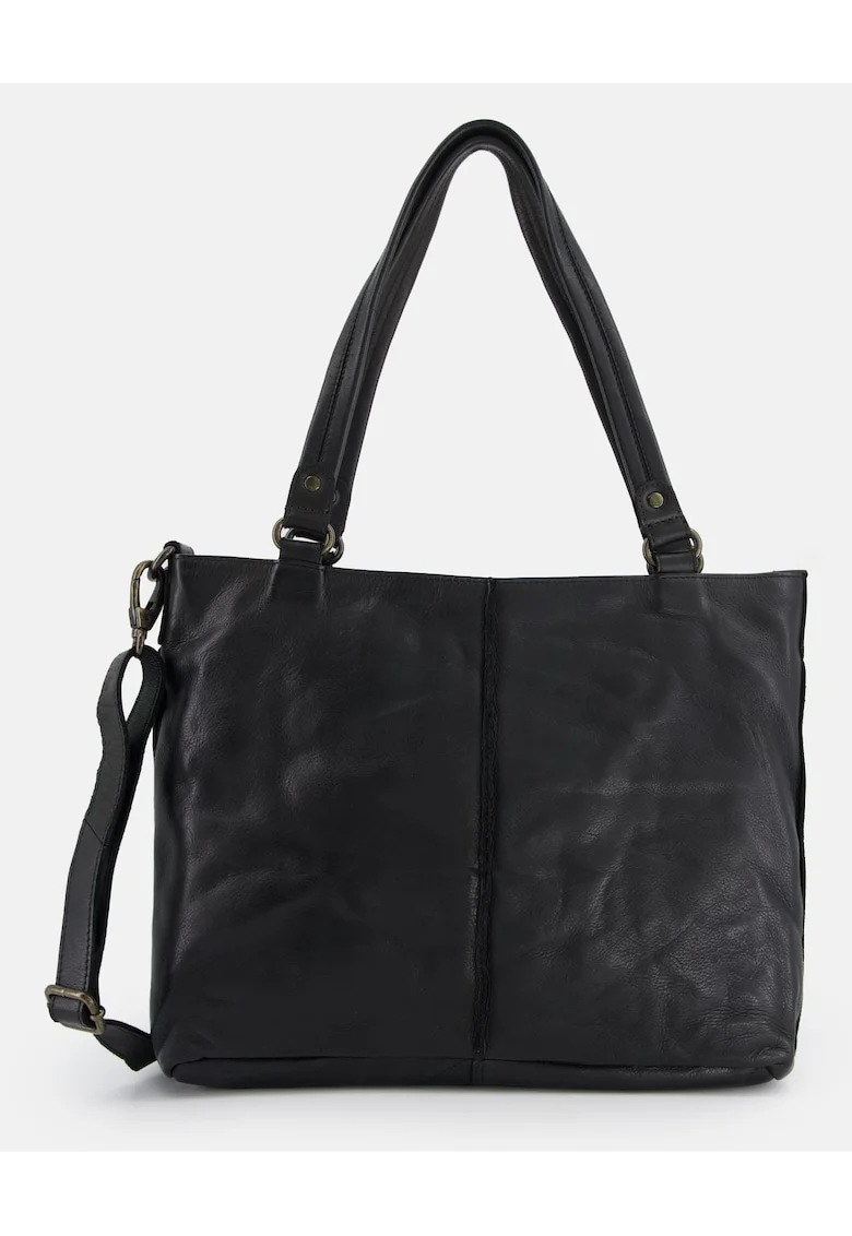 Geanta shopper  din piele naturala, neagra, 34x29x11cm, cu curea detasabila de max. 150cm, 3 buzunare interioare, 1 buzunar exterior