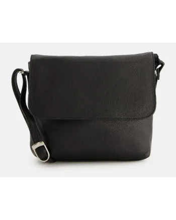 Geanta de umar  model Messenger, piele naturala, neagra, 18x20x5,5cm, cu 2 buzunare interioare si 2 exterioare.