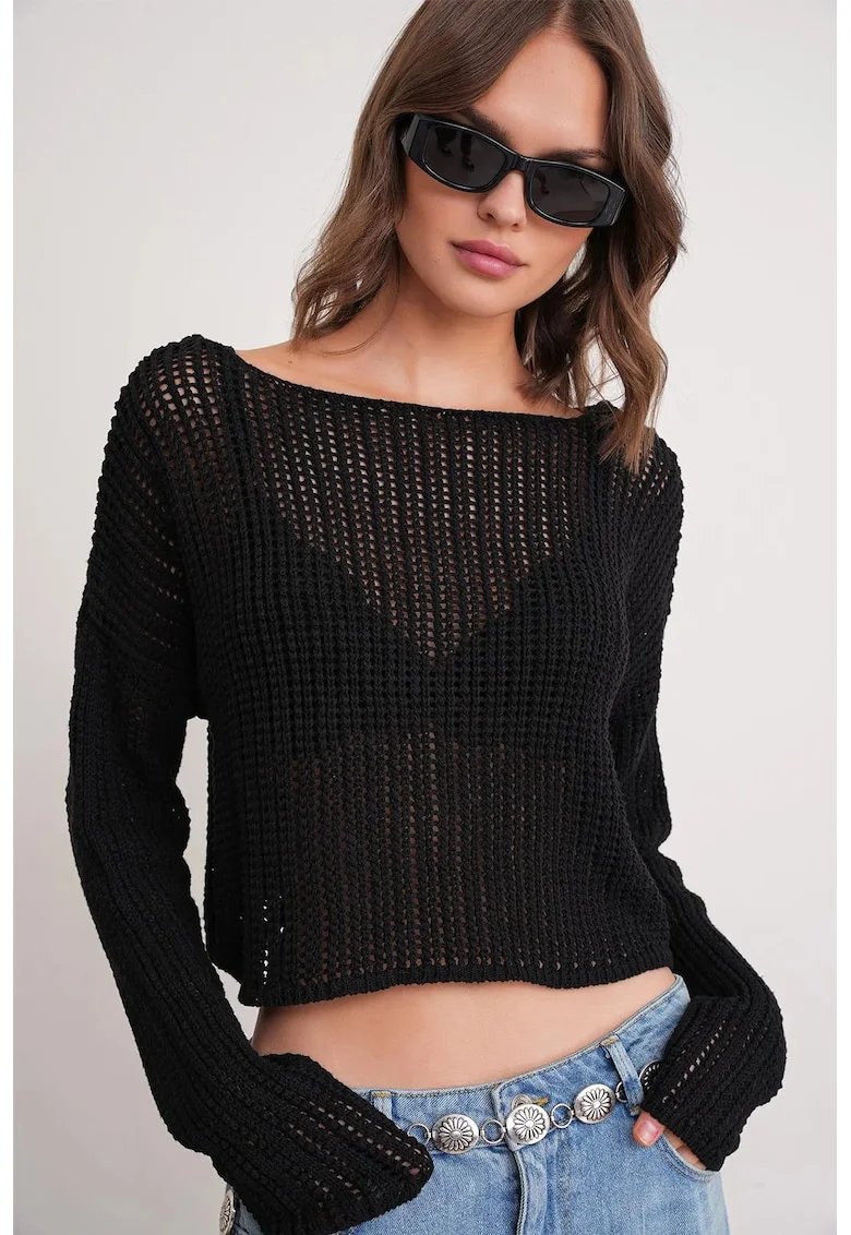 Pulover dama,  top tricotat decupat, guler larg, negru, tricot, One Size
