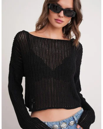 Pulover dama,  top tricotat decupat, guler larg, negru, tricot, One Size