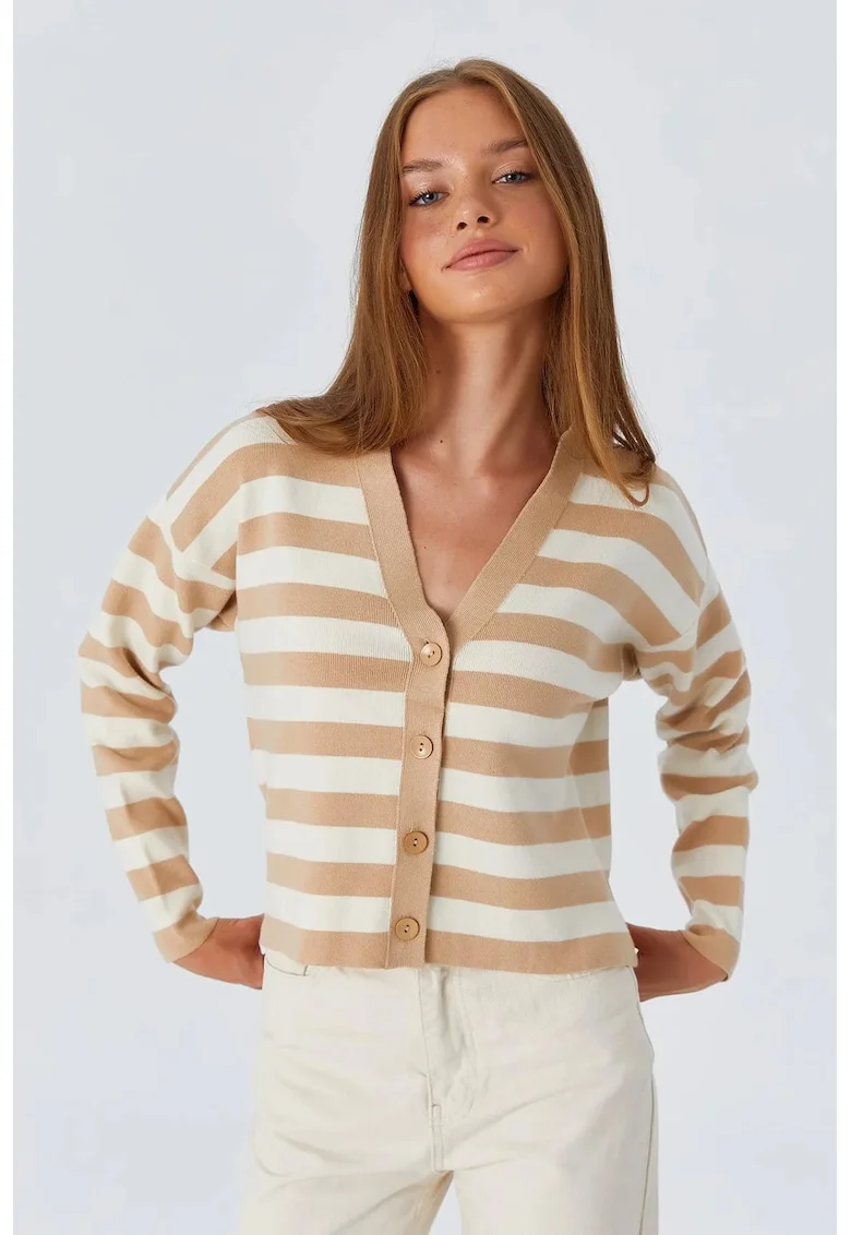 Cardigan dama,  cu dungi, decolteu in V, nasturi, natural, tricot,
