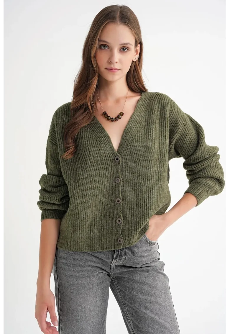 Cardigan,  Decolteu in V, Tricot, Kaki,
