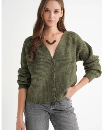 Cardigan,  Decolteu in V, Tricot, Kaki,