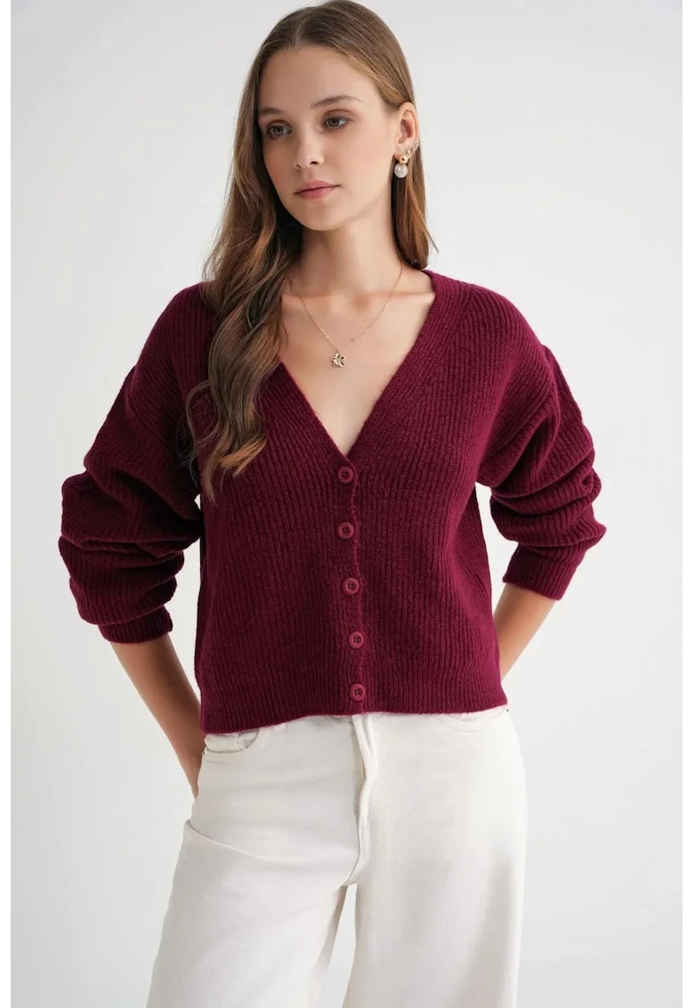 Cardigan,  texturat, decolteu in V, visiniu,