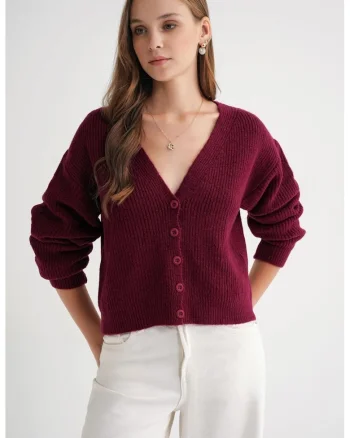 Cardigan,  texturat, decolteu in V, visiniu,