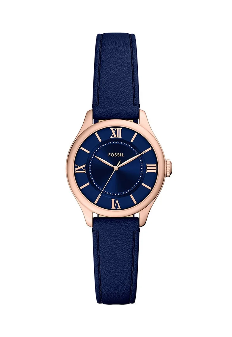 Ceas cu trei indici si curea din piele Gilmore, Albastru royal/Maro bronz