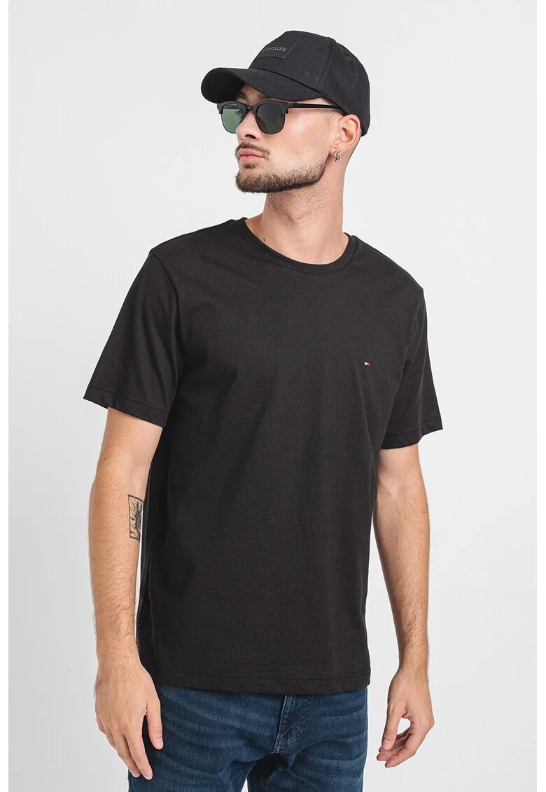 Tricou de bumbac cu decolteu la baza gatului, Negru