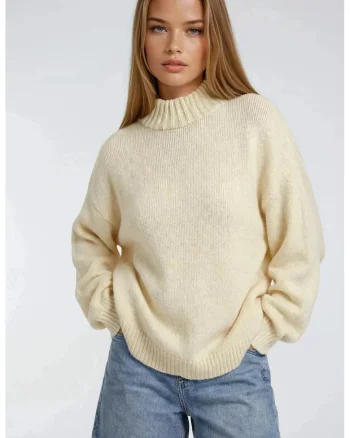 Pulover dama,  guler rotund, croiala lejera, bej, acril/poliester, One Size