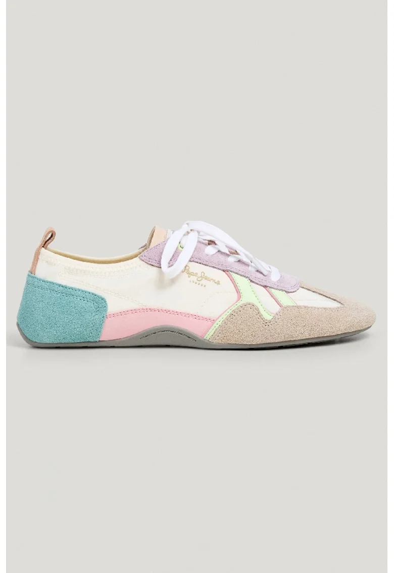 Pantofi sport cu talpa plata si garnituri de piele intoarsa, Roz pastel/Verde pal/Verde persan/Bej deschis